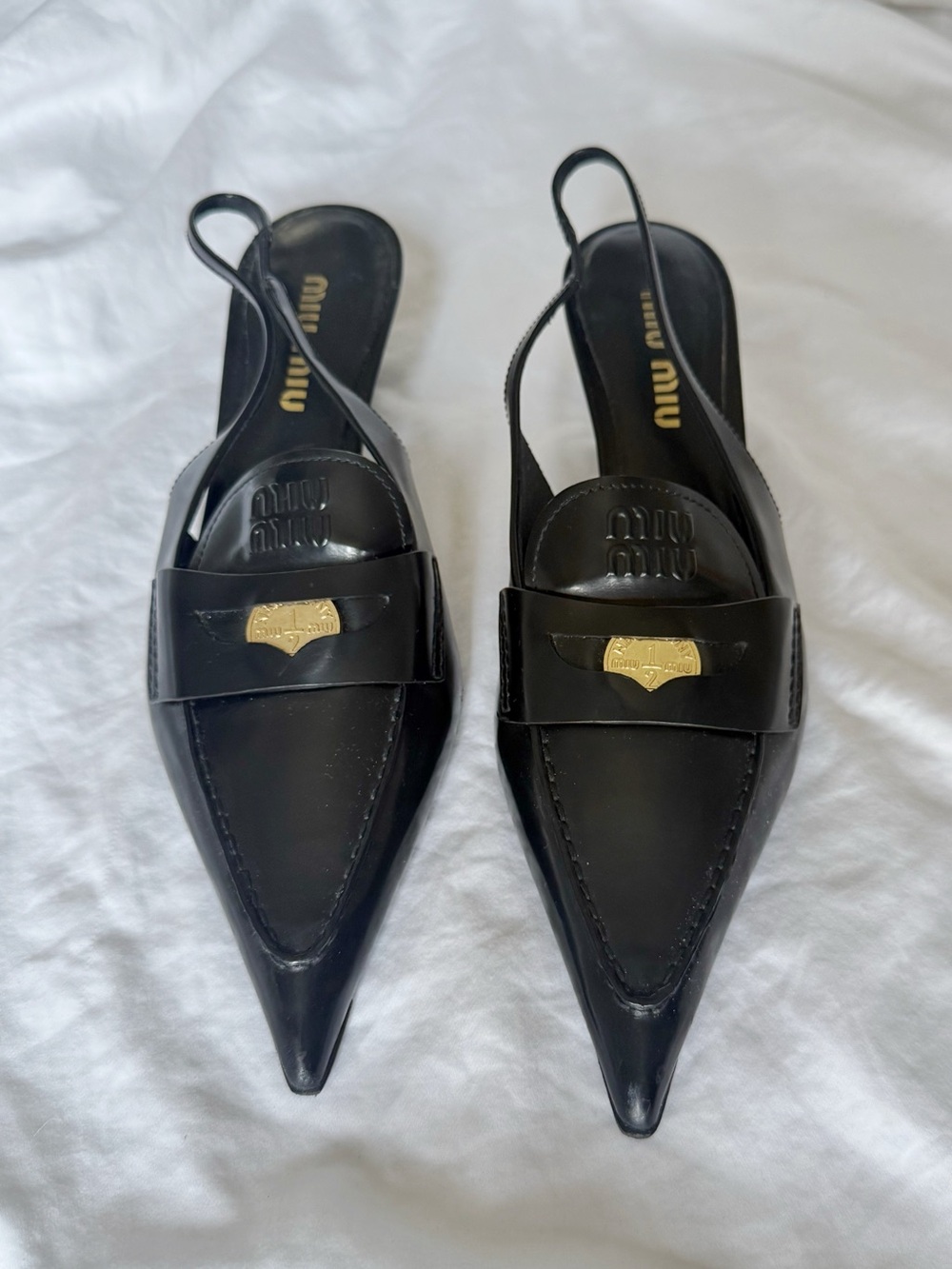Miu Miu Black Pointed Leather Slingback Penny Loafer Pumps with Gold Penny 40